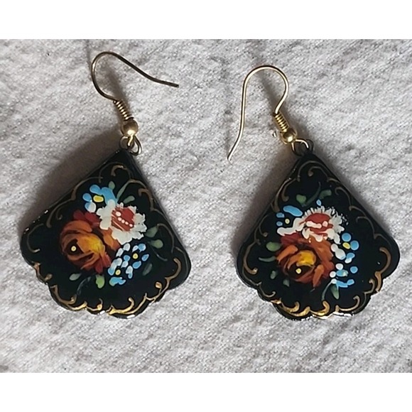 Russian Hand-Painted Black Earrings with  Flowers - Picture 1 of 4